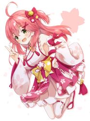 Rule 34 | 1girl, ahoge, bell, blush, breasts, detached sleeves, geta, green eyes, hair bell, hair ornament, highres, hololive, japanese clothes, jingle bell, kimono, large breasts, looking at viewer, minazuki mizu, nontraditional miko, one side up, open mouth, pink footwear, pink hair, pink kimono, pink sleeves, sakura miko, sakura miko (1st costume), single thighhigh, smile, solo, star (symbol), thighhighs, virtual youtuber, white background, white thighhighs, x hair ornament