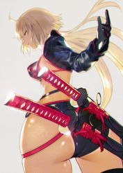 Rule 34 | 1girl, ass, bad perspective, bikini, blonde hair, cropped jacket, fate/grand order, fate (series), from below, gloves, jeanne d&#039;arc alter (swimsuit berserker) (fate), jeanne d&#039;arc (fate), jeanne d&#039;arc alter (fate), jeanne d&#039;arc alter (swimsuit berserker) (fate), katana, long hair, nido celisius, shrug (clothing), simple background, solo, swimsuit, sword, tan, tanline, weapon, yellow eyes