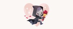 Rule 34 | 1boy, bad id, bad twitter id, blush, bouquet, chibi, flower, full body, gloves, heart, hood, hooded jacket, jacket, male focus, mask, overwatch, overwatch 1, petals, reaper (overwatch), rose, running, simple background, solid circle eyes, solo, sparkle, star (symbol), tinysnails, valentine, white background