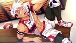 Rule 34 | 1boy, abs, armband, ball, bench, black leggings, clothes lift, collaboration, collared shirt, elbow pads, foot out of frame, highres, indoors, jock studio (blits games), knee pads, leggings, looking at viewer, male focus, mikkoukun, multicolored footwear, muscular, muscular male, nakajima yuuto, nipples, non-web source, official art, open mouth, pectorals, red footwear, red wristband, shirt, shirt lift, short hair, shorts, sleeveless, sleeveless shirt, solo, teeth, tongue, undercut, upper teeth only, variant set, volleyball (object), white footwear, white hair, white shorts, wooden bench, zamius