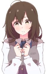 Rule 34 | 1girl, ahoge, blue bow, blush, bow, breasts, brown eyes, brown hair, brown vest, closed mouth, collared shirt, enelis, hair between eyes, hands up, long hair, original, puffy short sleeves, puffy sleeves, shirt, short sleeves, simple background, small breasts, solo, upper body, vest, white background, white shirt