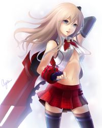 Rule 34 | 10s, 1girl, alisa ilinichina amiella, asymmetrical sleeves, black gloves, black sleeves, black thighhighs, blue eyes, breasts, cleavage, detached sleeves, dress shirt, fingerless gloves, floating hair, gloves, god eater, hair between eyes, highres, holding, holding sword, holding weapon, kiyo (chaoschyan), long hair, medium breasts, midriff, miniskirt, navel, open clothes, open mouth, open shirt, pleated skirt, red skirt, shirt, signature, silver hair, single sleeve, skirt, sleeveless, sleeveless shirt, solo, standing, stomach, suspenders, sword, thigh strap, thighhighs, uneven sleeves, weapon, white background, white shirt, zettai ryouiki
