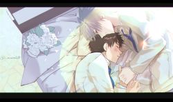 Rule 34 | 2boys, bed, bed frame, blue necktie, blurry, bokeh, bouquet, brown hair, chin rest, depth of field, closed eyes, floor, flower, formal, from above, grey hair, head on head, head rest, holding hands, ikari shinji, jacket, leaf, letterboxed, light blush, light particles, lying, male focus, marehito, messy hair, multiple boys, nagisa kaworu, necktie, neon genesis evangelion, on bed, on side, parted lips, petals, profile, purple necktie, rose, rose petals, spiked hair, suit, suit jacket, twitter username, white flower, white jacket, white rose, white suit, yaoi