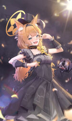 1girl :d absurdres animal_ear_fluff animal_ears black_choker black_dress black_hairband black_hat blue_archive blue_eyes breasts cat_ears cat_girl center_frills choker commentary_request concert confetti dress earrings extra_ears frilled_choker frilled_dress frilled_sleeves frills ggz_(gguzal_95) glowstick hairband halo hand_up hat highres holding holding_glowstick holding_microphone idol idol_clothes jewelry kayoko_(blue_archive) layered_dress long_hair looking_at_viewer low_twintails mari_(blue_archive) mari_(idol)_(blue_archive) microphone official_alternate_costume official_alternate_hairstyle open_mouth pleated_dress short_sleeves small_breasts smile solo teeth top_hat twintails upper_teeth_only v_over_eye