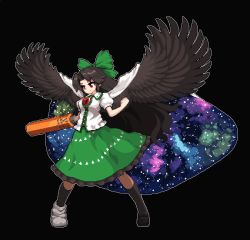 Rule 34 | 1girl, arm cannon, bad id, bad twitter id, bird wings, black background, black footwear, black hair, black socks, black wings, bow, cape, clenched hand, closed mouth, feathered wings, frilled skirt, frills, full body, green bow, green skirt, hair bow, kneehighs, long hair, namako daibakuhatsu, pixel art, puffy short sleeves, puffy sleeves, red eyes, reiuji utsuho, shoes, short sleeves, simple background, skirt, smile, socks, solo, standing, starry sky print, third eye, touhou, very long hair, weapon, wings