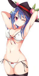 Rule 34 | 1girl, armpits, arms up, bikini, black thighhighs, blue hair, bow, bow bikini, breasts, cleavage, closed mouth, cowboy shot, flower, food, front-tie bikini top, front-tie top, fruit, groin, hair flower, hair ornament, hat, hinanawi tenshi, looking at viewer, lowleg, lowleg bikini, medium breasts, one eye closed, peach, red bow, red eyes, side-tie bikini bottom, simple background, smile, solo, standing, swimsuit, tetsurou (fe+), thighhighs, touhou, white background, white bikini