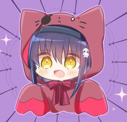 Rule 34 | 1girl, alternate costume, animal ear hood, animal ears, animal print, black hair, black hairband, blush, bow, cat ears, cat print, chibi, commentary request, cosplay, fake animal ears, hair between eyes, hairband, halloween costume, happy, highres, hood, hood up, kigurumi, kushima kamome, looking at viewer, open mouth, purple background, red bow, simple background, skull and crossbones, sleeves past wrists, smile, solo, sparkle, striped bow, summer pockets, upper body, utuigawa, yellow eyes