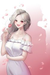 Rule 34 | 1girl, :d, absurdres, bare shoulders, blush, bra strap, breasts, collarbone, commentary, dress, fang, flower, forehead, grey hair, hand up, highres, large breasts, long hair, looking at viewer, off-shoulder dress, off shoulder, open mouth, original, petals, pink flower, pink rose, red eyes, rose, rose petals, short sleeves, smile, solo focus, upper body, uth 95, white dress