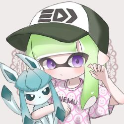Rule 34 | 1girl, :o, baseball cap, blue eyes, bright pupils, commentary, creatures (company), game freak, gen 4 pokemon, glaceon, green hair, grey background, hat, inkling, inkling girl, inkling player character, long hair, looking at viewer, nintendo, pointy ears, pokemon, pokemon (creature), prehensile ribbon, print headwear, print shirt, purple eyes, sh f0y, shirt, simple background, splatoon (series), symbol-only commentary, tail, tentacle hair, upper body, white pupils, white shirt