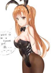 Rule 34 | 1girl, animal ears, arms behind back, asuna (sao), black bow, black bowtie, black leotard, bow, bowtie, breasts, brown eyes, brown hair, brown pantyhose, cleavage, cowboy shot, detached collar, english text, fake animal ears, half updo, leotard, long hair, medium breasts, pantyhose, playboy bunny, rabbit ears, rabbit tail, shichimiyagin, simple background, solo, strapless, strapless leotard, sword art online, tail, white background