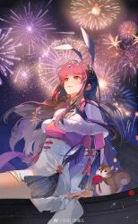 Rule 34 | 1girl, absurdres, animal ears, artist request, braid, capelet, closed mouth, douluo dalu, fireworks, fur-trimmed capelet, fur trim, glint, hair ornament, highres, holding, holding lantern, lantern, long hair, long sleeves, looking up, new year, night, outdoors, rabbit ears, rooftop, second-party source, smile, solo, sparkle, squirrel, thighs, xiao wu (douluo dalu)