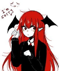 Rule 34 | 1girl, :t, alternate costume, bat wings, blush, collar, demon girl, dress, hand in own hair, head wings, jpeg artifacts, koakuma, long hair, long sleeves, looking to the side, mad ryouko, pointy ears, pout, red eyes, red hair, sidelocks, simple background, solo, sweater, touhou, upper body, white background, wings
