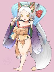Rule 34 | 1girl, :3, absurdres, bare legs, bare shoulders, barefoot, blush, earrings, flat chest, folded ponytail, fox shadow puppet, fox tail, full body, grey hair, highres, japanese clothes, jewelry, kimono, long hair, nagano (northern nine states), obi, off shoulder, open mouth, original, parted bangs, sash, shawl, short eyebrows, short kimono, sidelocks, simple background, slit pupils, smile, solo, standing, standing on one leg, tail, thick eyebrows, toes, traditional youkai, wide sleeves, yellow eyes