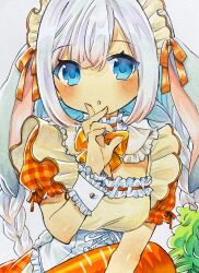 Rule 34 | 1girl, animal ears, blue eyes, carrot, commentary request, corset, dress, enruchan, frilled sleeves, frilled wrist cuffs, frills, hair ribbon, highres, holding, holding carrot, looking at viewer, lop rabbit ears, maid, maid headdress, marker (medium), neck ribbon, no nose, open mouth, orange dress, orange ribbon, original, plaid, plaid dress, puffy short sleeves, puffy sleeves, rabbit ears, rabbit girl, ribbon, short sleeves, simple background, solo, traditional media, white background, white corset, white hair, white wrist cuffs, wrist cuffs