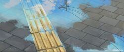 Rule 34 | absurdres, blue sky, brick floor, cloud, cloudy sky, day, highres, no humans, original, power lines, puddle, reflection, reflective water, scenery, sketch, sky, sunrise arte, utility pole, water