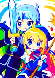 Rule 34 | 1boy, 1girl, absurdres, blonde hair, blue eyes, blue gloves, blush, broom, closed mouth, fingerless gloves, gloves, grey hair, highres, holding, holding broom, holding sword, holding weapon, long hair, long sleeves, looking at viewer, offbeat, puyopuyo, schezo wegey, short hair, smile, sword, weapon, witch (puyopuyo)