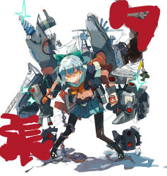 Rule 34 | 1girl, black pantyhose, blue hair, blue skirt, bow, bowtie, chain, character name, crane (machine), drill, hair bow, hashimoto shin, kantai collection, midriff, navel, open mouth, orange bow, orange bowtie, pantyhose, rigging, sailor collar, shaded face, short sleeves, simple background, skirt, solo, sweat, white background, yellow eyes, yuubari (kancolle)