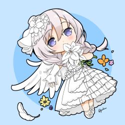Rule 34 | 1girl, ankle strap, assault lily, blue background, blush, bouquet, braid, chibi, circle, closed mouth, commentary, dress, dress flower, elbow gloves, feathers, flower, frilled dress, frills, full body, gloves, grey hair, hair between eyes, hair flower, hair ornament, hair ribbon, hands up, highres, holding, holding bouquet, layered dress, long hair, looking at viewer, low twin braids, low twintails, official alternate costume, official alternate hairstyle, open hand, orange flower, outstretched arm, pink flower, purple eyes, purple flower, ribbon, shiozaki suzume, shoe flower, shoes, single glove, smile, solo, twin braids, twintails, twitter username, wedding dress, white dress, white feathers, white flower, white footwear, white ribbon, white wings, wings, yellow flower, yukiiro (marblecolor)