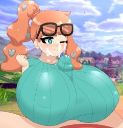 Rule 34 | 1boy, 1girl, breasts, clothed sex, clothes, creatures (company), cum, cum on hair, facial, game freak, heart, heart-shaped pupils, hetero, highres, huge breasts, large penis, long hair, mistpirit, nintendo, one eye closed, open clothes, orange hair, paizuri, paizuri under clothes, penis, pokemon, pokemon swsh, ponytail, sonia (pokemon), sunglasses, sunglasses on head, symbol-shaped pupils