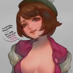 Rule 34 | 1girl, breasts, brown eyes, brown hair, cleavage, creatures (company), english text, eyebrows, eyelashes, game freak, gloria (pokemon), green hat, grey background, hat, head tilt, highres, matching hair/eyes, nat the lich, navel, nintendo, no bra, pokemon, pokemon swsh, short hair, simple background, smile, solo, teeth, text focus, upper teeth only