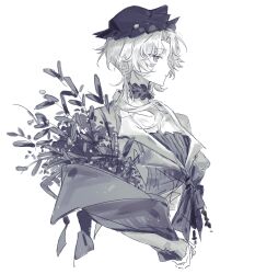 Rule 34 | 1girl, bouquet, closed mouth, collarbone, cropped torso, druvis iii, flower, greyscale, hat, highres, holding, holding bouquet, jacket, long hair, monochrome, parted bangs, profile, rang wo zai shui 10 fenzhong, reverse:1999, simple background, sketch, solo, upper body, white background