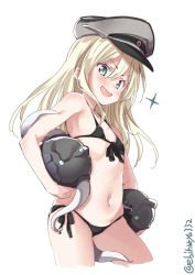 Rule 34 | 1girl, alternate breast size, alternate costume, bare arms, bare shoulders, bikini, bismarck (kancolle), black bikini, blonde hair, blue eyes, blush, collarbone, contemporary, cowboy shot, cropped legs, ebifurya, enemy naval mine (kancolle), flat chest, from side, front-tie top, hair between eyes, hat, highres, kantai collection, long hair, looking at viewer, military, military hat, navel, open mouth, peaked cap, solo, stomach, swimsuit, thighs, twitter username, white background, aged down