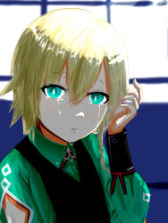 Rule 34 | 1boy, black vest, blonde hair, blouse, collared shirt, commentary request, cowboy shot, crying, crying with eyes open, green eyes, green shirt, hair between eyes, highres, long sleeves, looking at viewer, male focus, mitaa (pawa8454), open mouth, oscar (ragnarok online), ragnarok online, shirt, short hair, solo, tears, vest