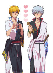 Rule 34 | 2boys, bad id, bad pixiv id, blonde hair, blue eyes, gintama, heart, heart hands, highres, japanese clothes, male focus, multiple boys, nyo (couch tomato), red eyes, sakata gintoki, sakata kintoki, sakata kintoki (gintama), screw, silver hair, sweatdrop