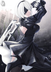Rule 34 | 1girl, arms up, backless dress, backless outfit, black blindfold, black dress, black footwear, black hairband, blindfold, boots, breasts, commentary request, dress, feather-trimmed sleeves, from behind, from side, gloves, hair over one eye, hairband, high heels, highres, holding, holding sword, holding weapon, juliet sleeves, leg up, legs, long sleeves, looking back, medium breasts, medium hair, nier:automata, nier (series), outdoors, over shoulder, print dress, puffy sleeves, skindentation, solo, standing, standing on one leg, sword, sword over shoulder, thigh boots, thighhighs, thighs, upskirt, weapon, weapon over shoulder, white hair, 2b (nier:automata), zaregoto tsukai no deshi