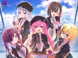 Rule 34 | 5girls, beret, black gloves, black headwear, blonde hair, blue eyes, brown hair, building, character request, closed eyes, cloud, copyright request, fang, glasses, gloves, hat, highres, holding, holding notebook, holding pen, id card, multicolored hair, multiple girls, notebook, official art, pen, pink eyes, pink hair, purple eyes, shnva, skin fang, streaked hair, teapot, twintails, wide sleeves, window, yellow eyes