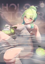 Rule 34 | 1girl, :3, absurdres, antlers, bath, bathing, blush, breasts, ceres fauna, covering privates, green hair, hair between eyes, hair bun, hair over breasts, highres, hololive, hololive english, horns, in water, large breasts, leaf, long hair, looking at viewer, midorimae, naughty face, navel, nude cover, onsen, partially submerged, sapling (ceres fauna), see-through, smile, solo, steam, thighs, towel, towel on head, virtual youtuber, yellow eyes