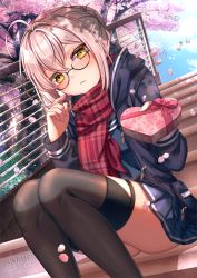 Rule 34 | 1girl, ahoge, artoria pendragon (fate), bad id, bad pixiv id, black-framed eyewear, blue jacket, blue serafuku, blue shirt, blue skirt, blue sky, blush, box, braid, brown eyes, brown thighhighs, candy, chocolate, chocolate heart, cloud, commentary request, day, fate/grand order, fate (series), fingernails, flower, food, fringe trim, gift, gift box, glasses, hair between eyes, hair bun, heart, heart-shaped pupils, holding, holding food, holding gift, hood, hood down, hooded jacket, jacket, light brown hair, long hair, long sleeves, mysterious heroine x alter (fate), mysterious heroine x alter (first ascension) (fate), nail polish, neckerchief, open clothes, open jacket, outdoors, petals, pink flower, pink nails, plaid, plaid scarf, pleated skirt, railing, red neckerchief, red scarf, saruei, scarf, school uniform, serafuku, shirt, sidelocks, single hair bun, sitting, skirt, sky, solo, symbol-shaped pupils, thighhighs, tree, watermark, web address