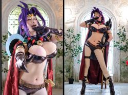 Rule 34 | armor, breast padding, breasts, cleavage, cosplay, gloves, hair intakes, hand on own hip, jewelry, large breasts, laughing, leglet, long hair, naga the serpent, necklace, ojou-sama pose, open mouth, photo (medium), platform footwear, purple hair, revealing clothes, shoulder spikes, slayers, spikes