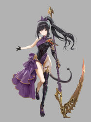 Rule 34 | 1girl, absurdres, armor, black gloves, black hair, black thighhighs, bow, bracer, breasts, brown eyes, full body, ggozira, gloves, grey background, hair bow, high ponytail, highres, long hair, looking at viewer, medium breasts, original, ponytail, purple bow, scythe, shoulder armor, simple background, single thighhigh, solo, standing, tail, thighhighs