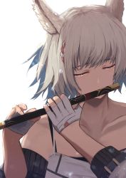 Rule 34 | 1girl, absurdres, animal ear fluff, animal ears, camisole, cat ears, closed eyes, collarbone, crying, fingerless gloves, flute, gloves, highres, holding, holding instrument, instrument, labebebe lee, mio (xenoblade), music, playing instrument, shaded face, short hair, simple background, solo, tears, white background, white gloves, white hair, xenoblade chronicles (series), xenoblade chronicles 3