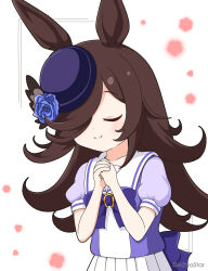 Rule 34 | 1girl, animal ears, blue bow, blue flower, blue hat, blue rose, blue shirt, blush, bow, brown hair, closed eyes, closed mouth, commentary, facing viewer, flower, hair over one eye, hat, hat flower, highres, horse ears, long hair, mitya, own hands together, pleated skirt, puffy short sleeves, puffy sleeves, rice shower (umamusume), rose, school uniform, shirt, short sleeves, skirt, smile, solo, tilted headwear, tracen school uniform, twitter username, umamusume, very long hair, white background, white skirt