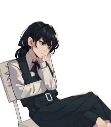 Rule 34 | 1girl, absurdres, black dress, black eyes, black hair, black ribbon, chainsaw man, closed mouth, collared shirt, commentary, commission, crossed arms, crossed legs, dress, english commentary, head rest, highres, long hair, long sleeves, looking to the side, mitaka asa, neck ribbon, on chair, pinafore dress, ribbon, shirt, simple background, sitting, sleeveless, sleeveless dress, solo, white background, white shirt, zaigrandeu