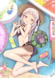 Rule 34 | 1girl, :3, absurdres, anzu mochi, bare arms, bare legs, barefoot, beach towel, bikini, black bikini, black cat, blush, bottle, bracelet, breasts, brown eyes, brown hat, cat, cup, from above, full body, grey hair, hat, highres, hololive, jewelry, long hair, looking at animal, lying, murasaki shion, on side, parted lips, sarong, shiokko (murasaki shion), sideways glance, small breasts, smile, solo, straw hat, swimsuit, towel, virtual youtuber, water gun, wet