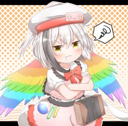 Rule 34 | 1girl, :t, black hair, closed mouth, collared shirt, commentary request, coruthi, cowboy shot, crossed arms, frills, hat, highres, hollow song of birds, multicolored hair, neck ribbon, pink shorts, pink vest, pout, puffy short sleeves, puffy sleeves, rainbow wings, red ribbon, ribbon, shirt, short hair, short sleeves, shorts, solo, torisumi horou, touhou, vest, white hair, white hat, white shirt, wings, yellow eyes