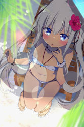 Rule 34 | 1girl, :o, bangle, bare shoulders, bikini, blue eyes, blush, bracelet, breasts, chair, collarbone, commentary, dark-skinned female, dark skin, flip-flops, from above, grey bikini, grey hair, hair between eyes, hair ribbon, hand up, jewelry, long hair, looking at viewer, looking up, lounge chair, navel, on chair, original, parted lips, ponpon (tosico), red ribbon, revision, ribbon, sandals, sitting, small breasts, solo, swimsuit, twintails, very long hair, white footwear