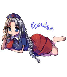 Rule 34 | 1girl, barefoot, blue dress, blue eyes, blue hat, braid, braided ponytail, breasts, commentary, constellation print, cross, dress, grey hair, hat, highres, holding, holding pen, long hair, medium breasts, nurse cap, one-hour drawing challenge, parted bangs, pen, red cross, red dress, renshirenji, sidelocks, simple background, solo, touhou, triangular headpiece, trigram, twitter username, two-tone dress, white background, yagokoro eirin