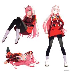 Rule 34 | 10s, 1girl, aqua eyes, arm at side, artist name, belt, black pantyhose, blunt bangs, boots, breasts, buttons, candy, darling in the franxx, dress, eyeshadow, food, full body, hairband, highres, horns, hwansang, in mouth, knees together feet apart, lollipop, long hair, long sleeves, looking at viewer, lying, makeup, medium breasts, multiple views, necktie, on back, orange neckwear, pantyhose, pink hair, red dress, red horns, short dress, short necktie, simple background, sitting, standing, straight hair, twitter username, uniform, white background, white footwear, white hairband, zero two (darling in the franxx)
