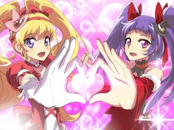 Rule 34 | 2girls, :d, asahina mirai, black hat, blonde hair, bow, choker, cure magical, cure magical (ruby style), cure magical ruby style, cure miracle, cure miracle (ruby style), cure miracle ruby style, earrings, elbow gloves, gloves, hair bow, hairband, hat, heart, heart hands, heart hands duo, holding hands, izayoi liko, jewelry, light particles, long hair, looking at viewer, magical girl, mahou girls precure!, mini hat, mini witch hat, multiple girls, open mouth, pink background, pink hat, precure, purple eyes, purple hair, red bow, riko (mahou girls precure!), ruby style, smile, sparkle, tanashi (mk2), twintails, upper body, white gloves, witch hat