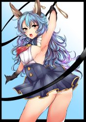 Rule 34 | &gt;:o, 10s, 1girl, :o, absurdres, agetama, animal ears, arm up, armpits, ass, bare shoulders, belt, belt skirt, black gloves, blue hair, blue skirt, breasts, brown eyes, rabbit ears, earrings, erune, ferry (granblue fantasy), flat ass, gloves, granblue fantasy, highres, hoop earrings, jewelry, lips, long hair, looking at viewer, medium breasts, open mouth, outstretched arm, sideboob, single earring, skirt, solo, thighs, tongue, v-shaped eyebrows, wavy hair, whip, yellow eyes