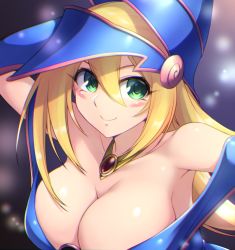 Rule 34 | 1girl, arm behind head, bare shoulders, blonde hair, blue hat, blush stickers, breasts, cleavage, closed mouth, dark magician girl, dress, green eyes, hair between eyes, hat, large breasts, looking at viewer, off-shoulder dress, off shoulder, pataneet, simple background, smile, solo, upper body, witch hat, yu-gi-oh!