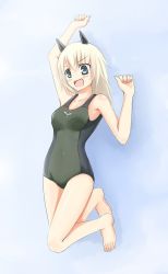 Rule 34 | 1girl, animal ears, armpits, blonde hair, blue eyes, dog ears, helma lennartz, jumping, long hair, one-piece swimsuit, open mouth, rasielcochma, solo, strike witches, strike witches: suomus misfits squadron, swimsuit, world witches series