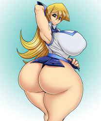 Rule 34 | 1girl, aged up, armpits, arms behind head, ass, ber00, blonde hair, breasts, brown eyes, covered erect nipples, gradient background, huge ass, huge breasts, long hair, simple background, smile, solo, tenjouin asuka, thick thighs, thighs, tisinrei, very long hair, yu-gi-oh!, yu-gi-oh! gx
