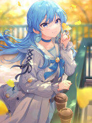 Rule 34 | 1girl, asymmetrical hair, blue choker, blue eyes, blue hair, blue neckerchief, blush, breasts, cardigan, choker, closed mouth, coffee cup, cowboy shot, cup, day, disposable cup, ear piercing, falling leaves, floating hair, grey cardigan, hair bun, highres, holding, holding leaf, hololive, hoshimachi suisei, hoshimachi suisei (school uniform), leaf, lens flare, long hair, long sleeves, looking at viewer, mikami nacaba, motion blur, neckerchief, official alternate costume, open cardigan, open clothes, outdoors, piercing, railing, sailor collar, shirt, single side bun, skirt, small breasts, smile, solo, standing, star (symbol), star in eye, sunlight, symbol in eye, virtual youtuber, white shirt, white skirt, wind