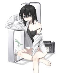 Rule 34 | 1girl, ahoge, barefoot, black hair, bottomless, breasts, feet, female focus, highres, medium hair, open clothes, open mouth, open shirt, original, pale skin, plant, potted plant, radio, shirt, simple background, sitting, sleeves past wrists, small breasts, solo, strap slip, toes, vase, white background, white shirt, xxxsoiu1