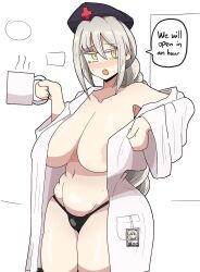 Rule 34 | 1girl, areola slip, belly, blush, breasts, coffee, coffee mug, cross, cup, english text, grey hair, hat, highres, id card, imperishable night, large breasts, long hair, mole, mole on collarbone, mole on stomach, mole under eye, mug, navel, notnoe (dxcl), nurse cap, open clothes, open mouth, open shirt, red cross, shirt, solo, steam, stomach, thong, touhou, very long hair, white shirt, yagokoro eirin, yellow eyes